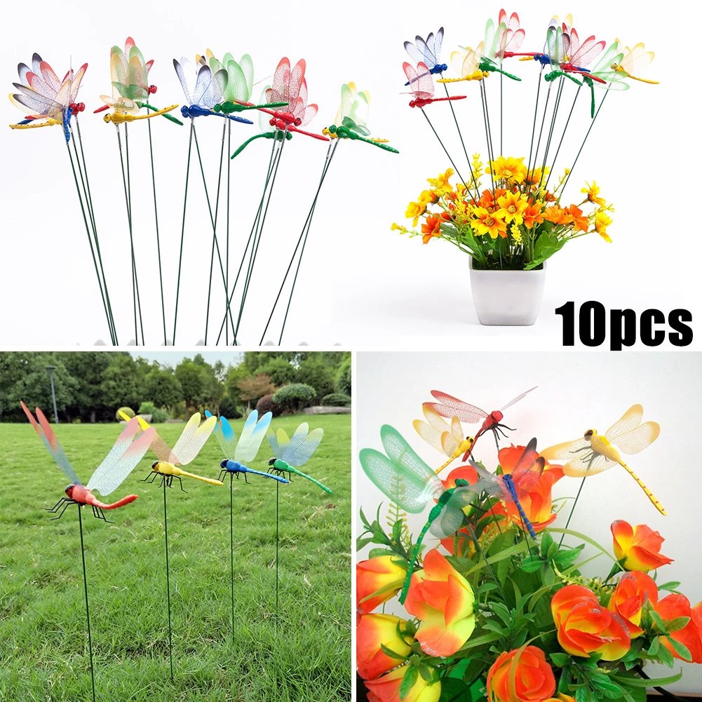 10PCS Dragonfly Stakes 3D Simulation Dragonfly Stakes Yard Plant Lawn Decor Garden Yard Planterr Colorful Dragonfly Stakes