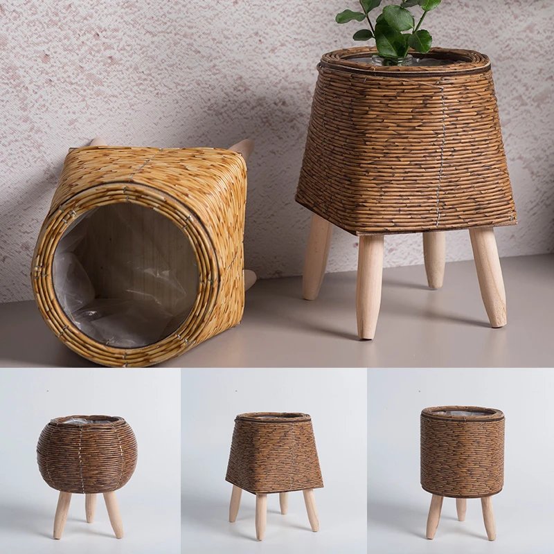 Nordic Flower Shelf Imitation Rattan Flower Pot Woven Flower Basket With Removable Legs Plant Stand Basket Garden Home Decor