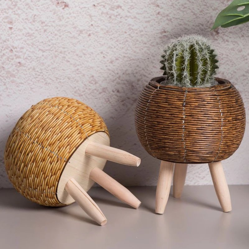 Nordic Flower Shelf Imitation Rattan Flower Pot Woven Flower Basket With Removable Legs Plant Stand Basket Garden Home Decor