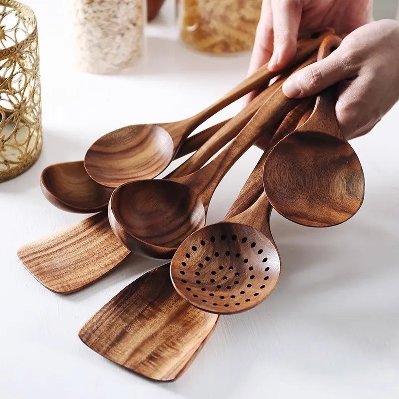 Thailand Teak Natural Wood Tableware Spoon Ladle Turner Long Rice Colander Soup Skimmer Cooking Spoons Scoop Kitchen Tool Set Thailand Teak Natural Wood Tableware Spoon Ladle Turner Long Rice Colander Soup Skimmer Cooking Spoons Scoop Kitchen Tool Set