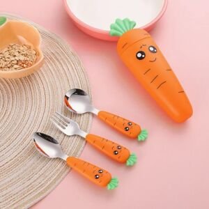 1PC/1Set Karotten-Set Kinderbesteck aus Edelstahl mit Löffel und Gabel, Besteck mit Box, Babynahrungs-Küchenutensilien.