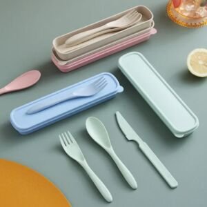 3-teiliges Set aus Weizenstroh-Geschirr, tragbares Besteck, Messer, Gabel, Löffel, umweltfreundliches Reisebesteckset, Utensilienbox, Essstäbchen-Set.