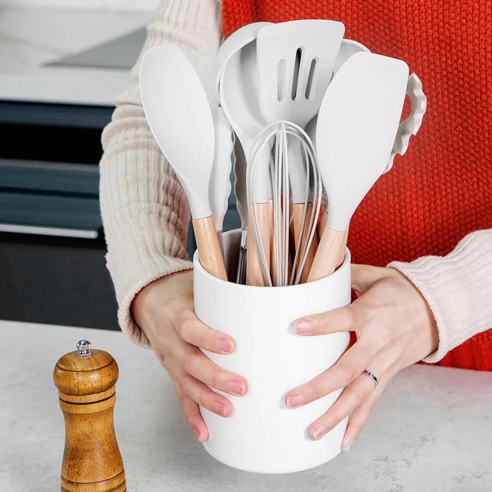12Pcs Kitchen Utensil Set Cooking Tools Kit with Holder Heat-Resistant Cookware Spatula Spoon Brush Whisk for Home Kitchen
