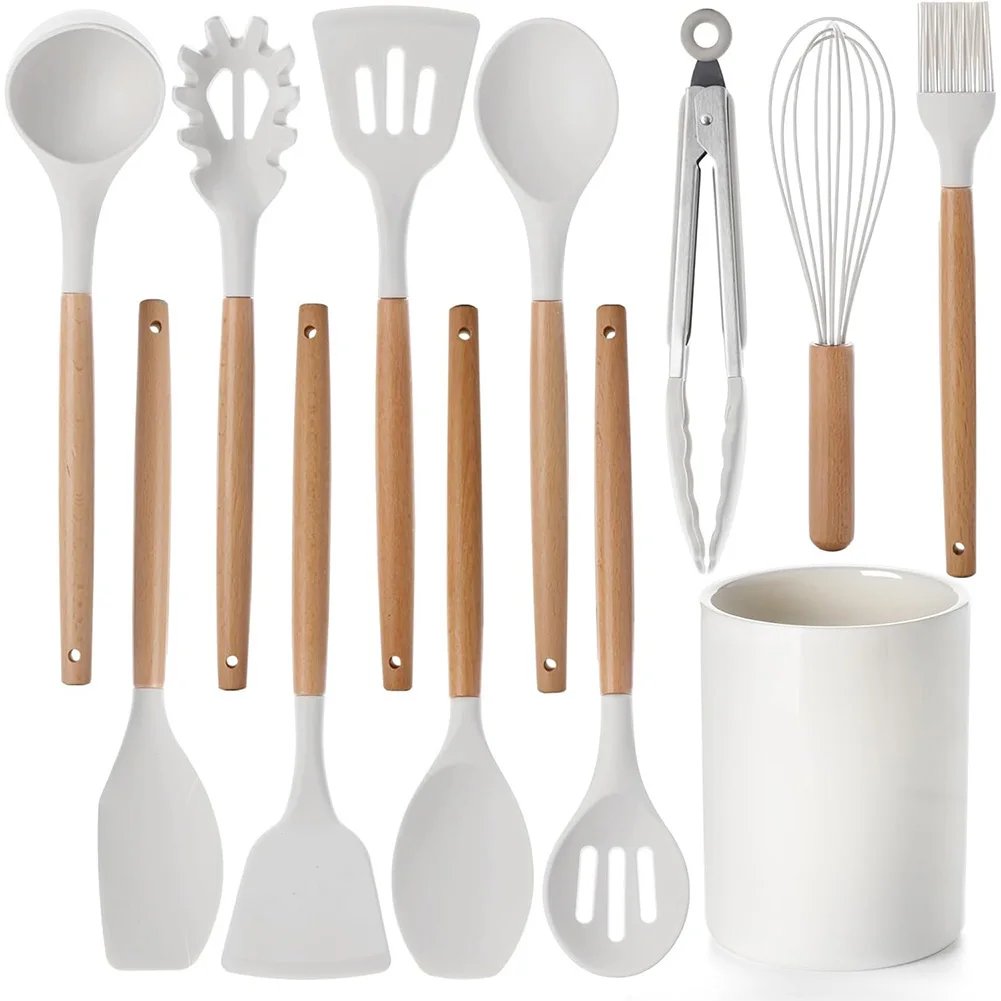 12Pcs Kitchen Utensil Set Cooking Tools Kit with Holder Heat-Resistant Cookware Spatula Spoon Brush Whisk for Home Kitchen