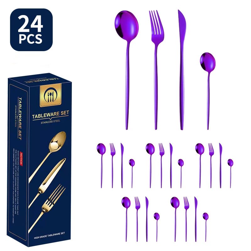 Stainless Steel Tableware With Titanium Plated Gold Gift Box, Steak Knives, Forks, Spoons, 24 Piece Set