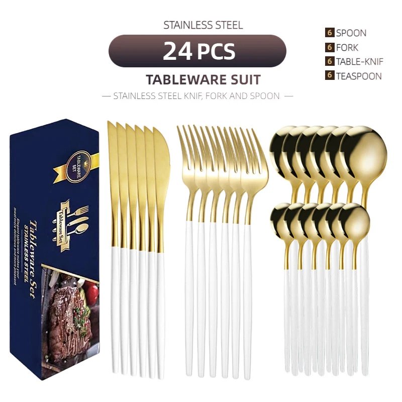 Stainless Steel Tableware With Titanium Plated Gold Gift Box, Steak Knives, Forks, Spoons, 24 Piece Set