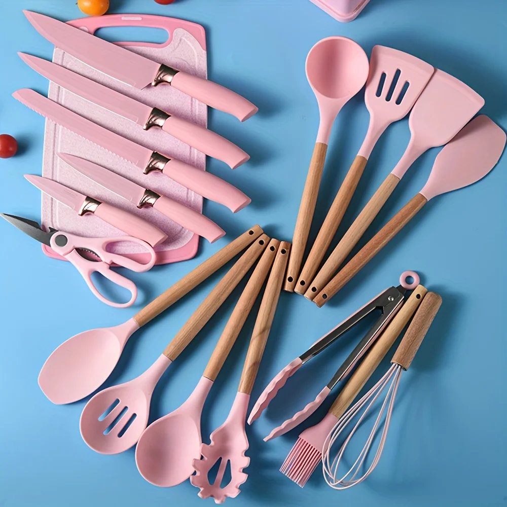 19 Advanced Silicone Kitchenware Sets Equipped with Wooden Handles and Knives-heat-resistant,convenient Cooking Kitchen Gadgets. 19 Advanced Silicone Kitchenware Sets Equipped with Wooden Handles and Knives-heat-resistant,convenient Cooking Kitchen Gadgets.
