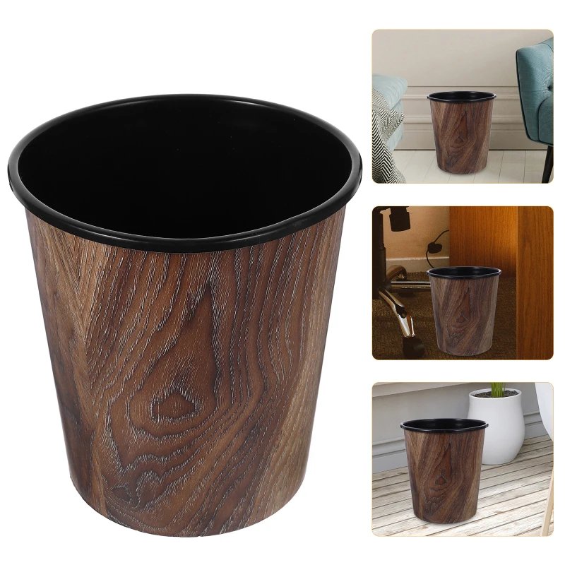 Retro Wood Grain Trash Can Home Living Room Kitchen Garbage Bin Office Supplies Imitation Wood Grain Trash Rubbish Office Cans