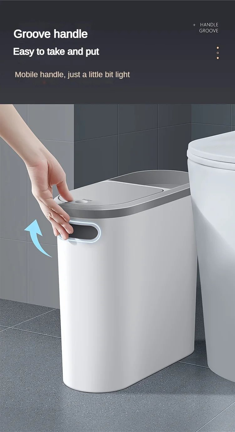 10L Large Capacity Silent Closed Plastic Bathroom Garbage Bin - Space saving Design, Creative Household Gap Garbage Bin