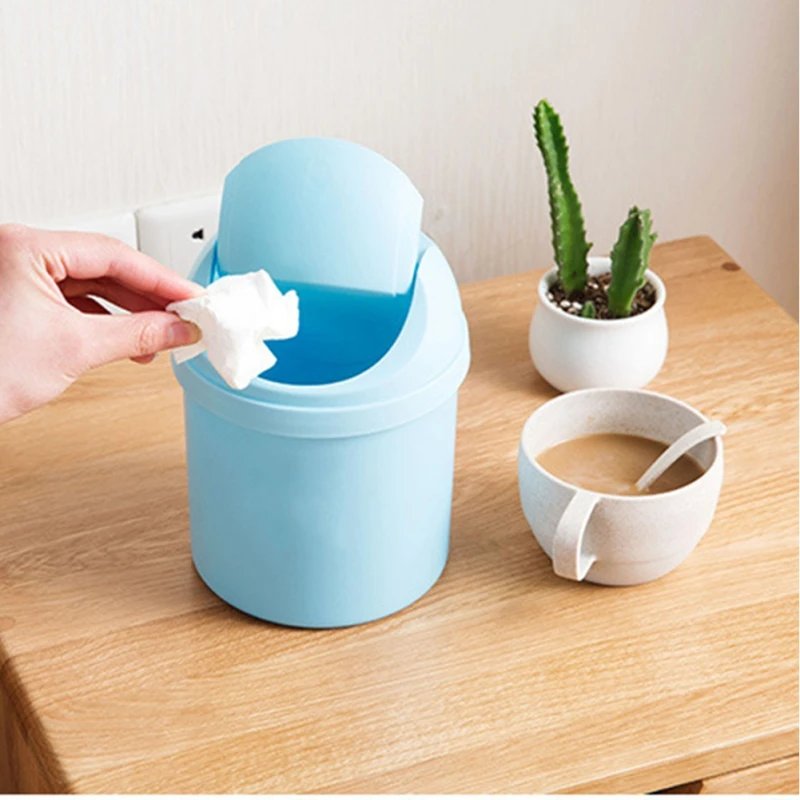 Mini Waste Bin Trash Cans Desktop Garbage Basket Table Roll Swing Lid Small Scissors Pencil Household Office Storage Accessories