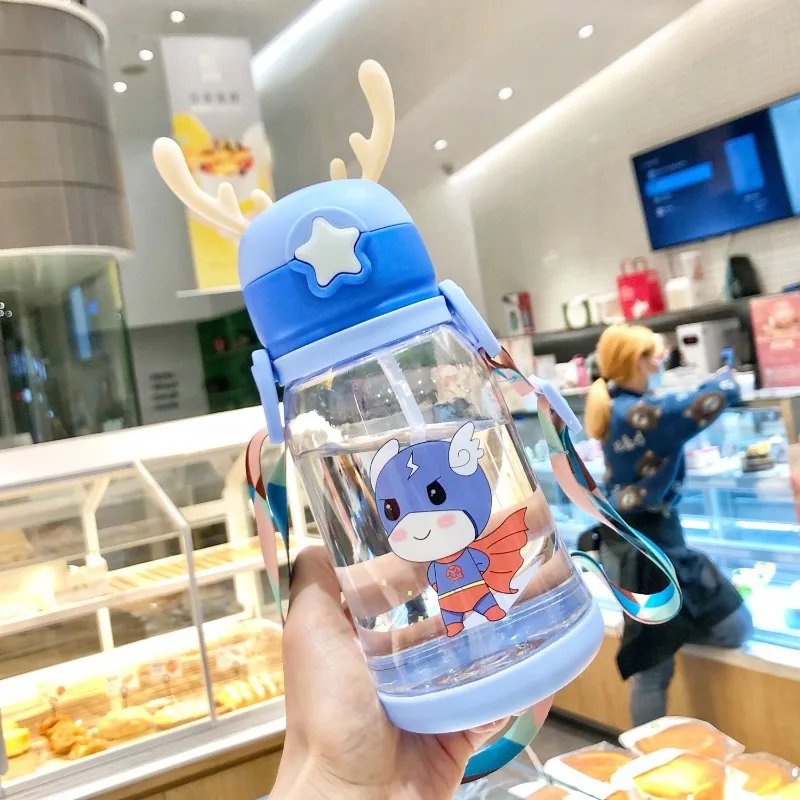 Children's Straw Water Cup Cartoon Antler Plastic Cup Student Carrier Kettle Baby Large Capacity Straw Cup
