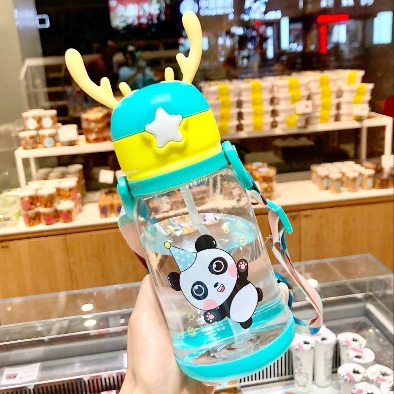 Children's Straw Water Cup Cartoon Antler Plastic Cup Student Carrier Kettle Baby Large Capacity Straw Cup