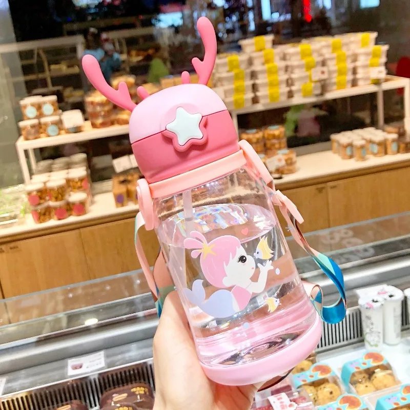 Children's Straw Water Cup Cartoon Antler Plastic Cup Student Carrier Kettle Baby Large Capacity Straw Cup