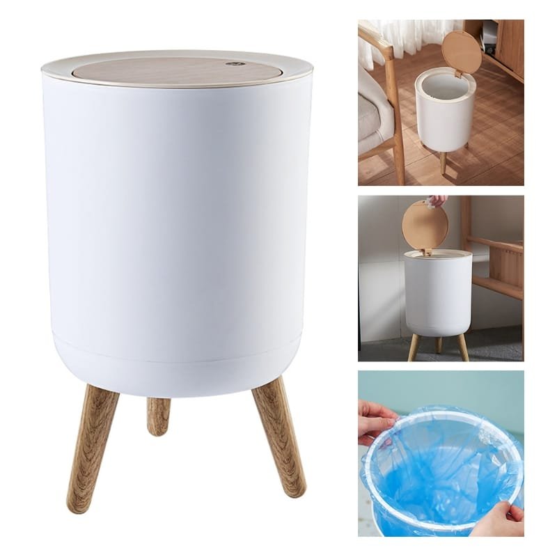 Wooden High Foot Trash Can For Bathroom Creative Kitchen wastebin with Press Cover Living Room Toilet Garbage container