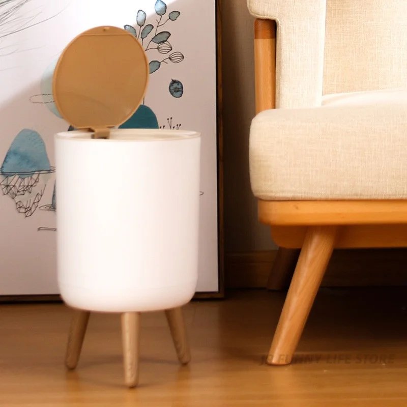 Wooden High Foot Trash Can For Bathroom Creative Kitchen wastebin with Press Cover Living Room Toilet Garbage container