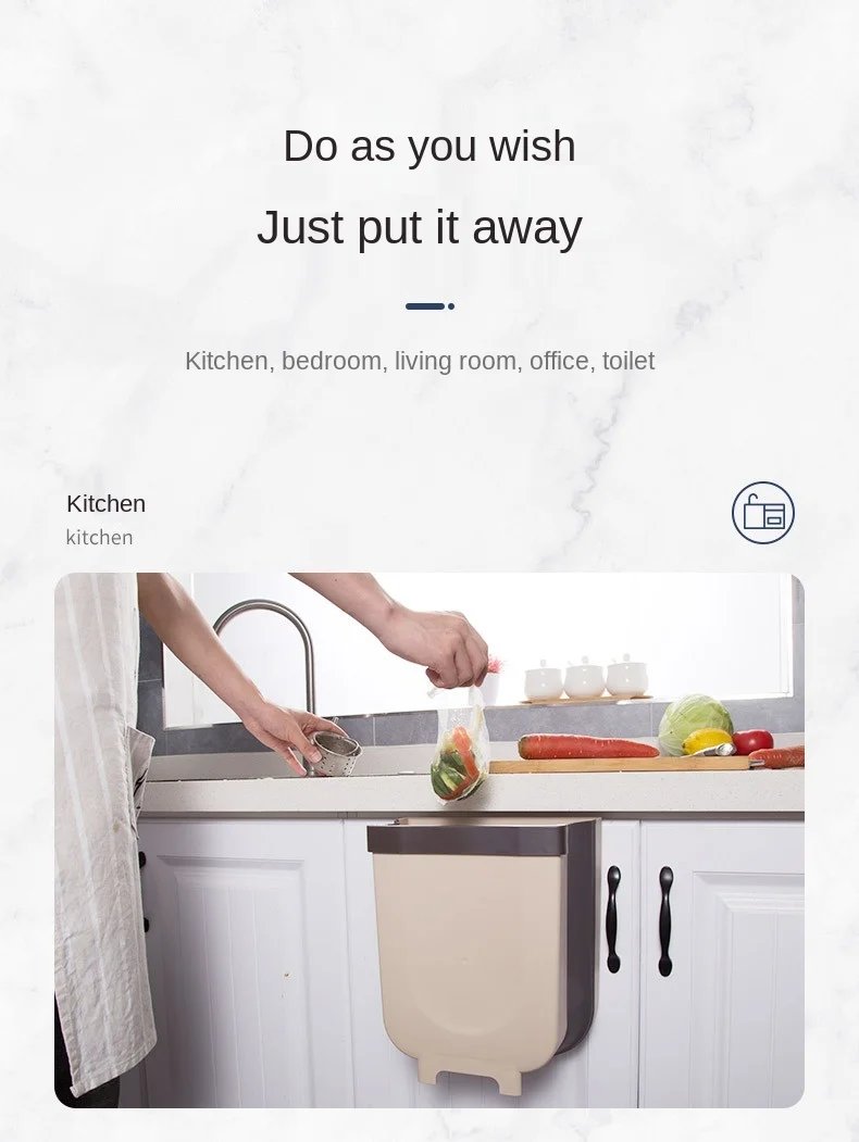 Kitchen Cabinet Door Hanging Trash Can Folding Waste Bin for Bathroom Toilet Storage Bucket Wall Mounted WF922