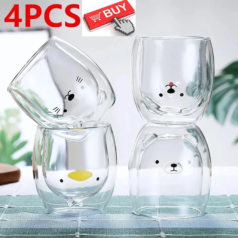 Creative Cute Bear Double-layer Coffee Mug Double Glass Cup Carton Animal Milk Glass Lady Cute Cat Duck Dog Gift Christmas Gift