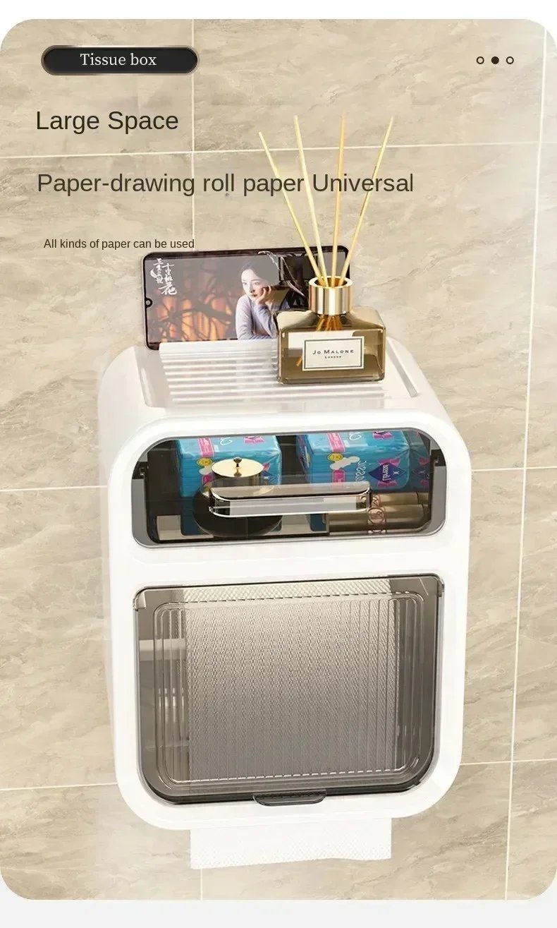 1pc Paper Towel Box Wall Mounted Non Perforated Bathroom Waterproof Roll Paper Drawer Creative Transparent Storage Shelf