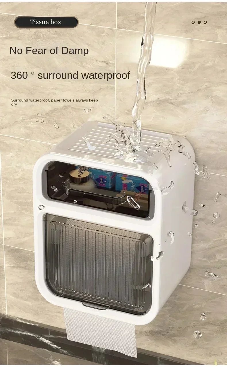 1pc Paper Towel Box Wall Mounted Non Perforated Bathroom Waterproof Roll Paper Drawer Creative Transparent Storage Shelf