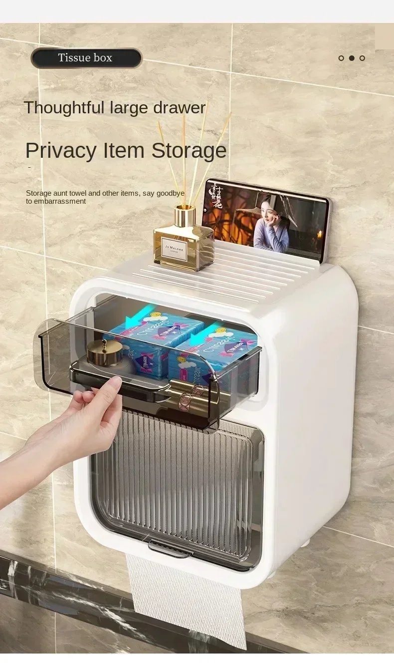 1pc Paper Towel Box Wall Mounted Non Perforated Bathroom Waterproof Roll Paper Drawer Creative Transparent Storage Shelf