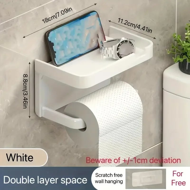 Wall Mounted Toilet Paper Holder Durable ABS Plastic No Drill Adhesive Tissue Rack Space Saving Storage Shelf Waterproof Materia