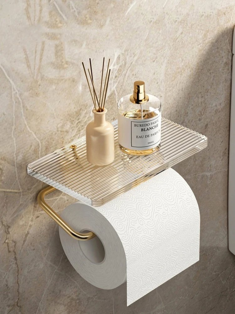 Luxury Gold Toilet Paper Holder with Shelf No Punching Acrylic Roll Paper Holder Tissue Hanger Bathroom Accessories Bathroom