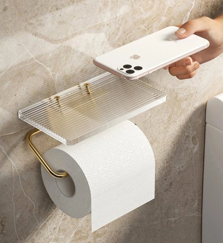 Luxury Gold Toilet Paper Holder with Shelf No Punching Acrylic Roll Paper Holder Tissue Hanger Bathroom Accessories Bathroom
