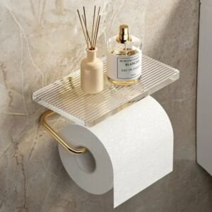 Luxuriöser goldener Toilettenpapierhalter mit Ablage, ohne Bohren, Acrylrollenpapierhalter, Taschentuchhalter, Badezimmerzubehör, Badezimmer