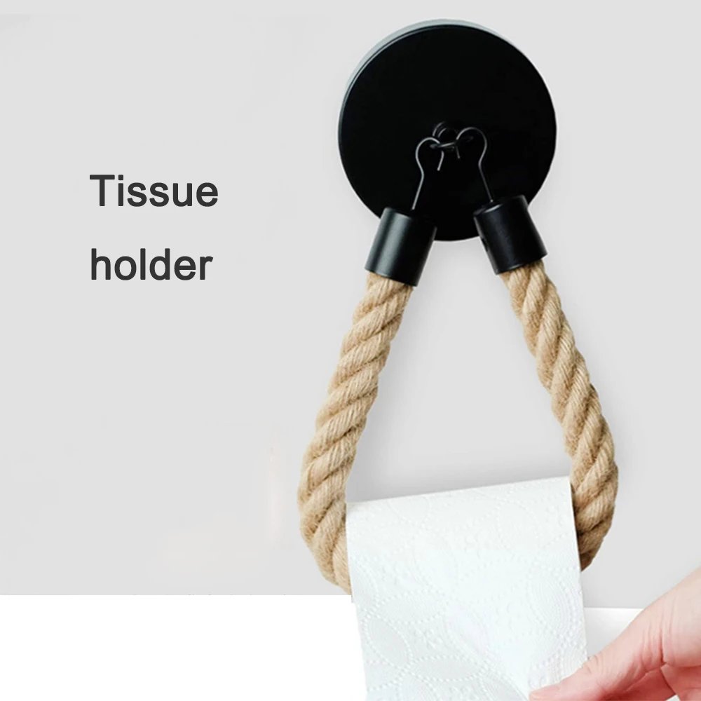 Retro Toilet Tissue Roll Holder Matte Black Vintage Steel Paper Towel Ring for Household Storage Rack Wall Sticker Jute Rope Retro Toilet Tissue Roll Holder Matte Black Vintage Steel Paper Towel Ring for Household Storage Rack Wall Sticker Jute Rope