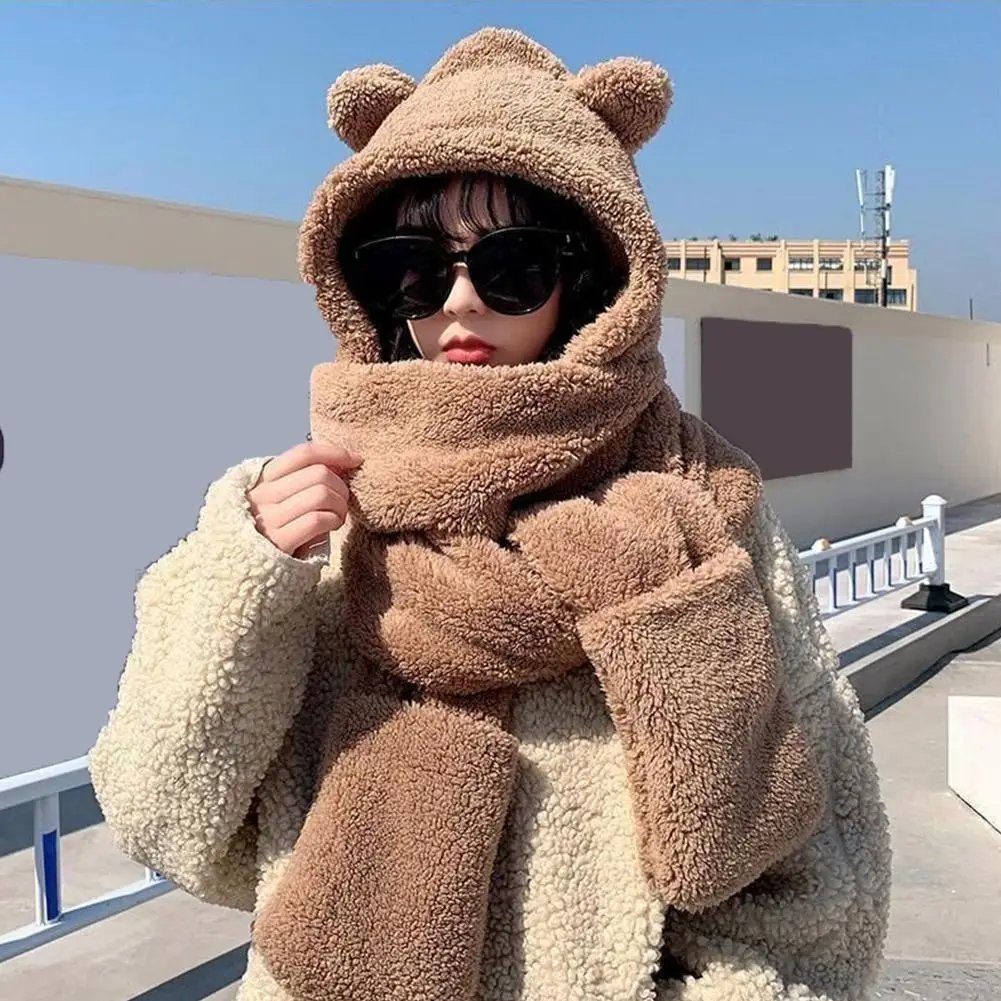 Winter Women Warm Beanies Caps Warm Bear Ear Hat Casual Plush Hat Scarf Set Casual Solid Women Caps Winter Women Warm Beanies Caps Warm Bear Ear Hat Casual Plush Hat Scarf Set Casual Solid Women Caps