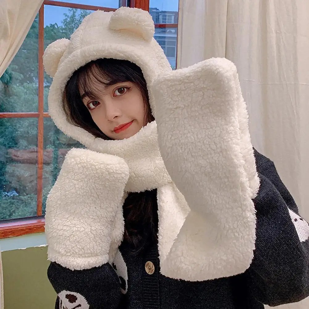 Winter Women Warm Beanies Caps Warm Bear Ear Hat Casual Plush Hat Scarf Set Casual Solid Women Caps Winter Women Warm Beanies Caps Warm Bear Ear Hat Casual Plush Hat Scarf Set Casual Solid Women Caps