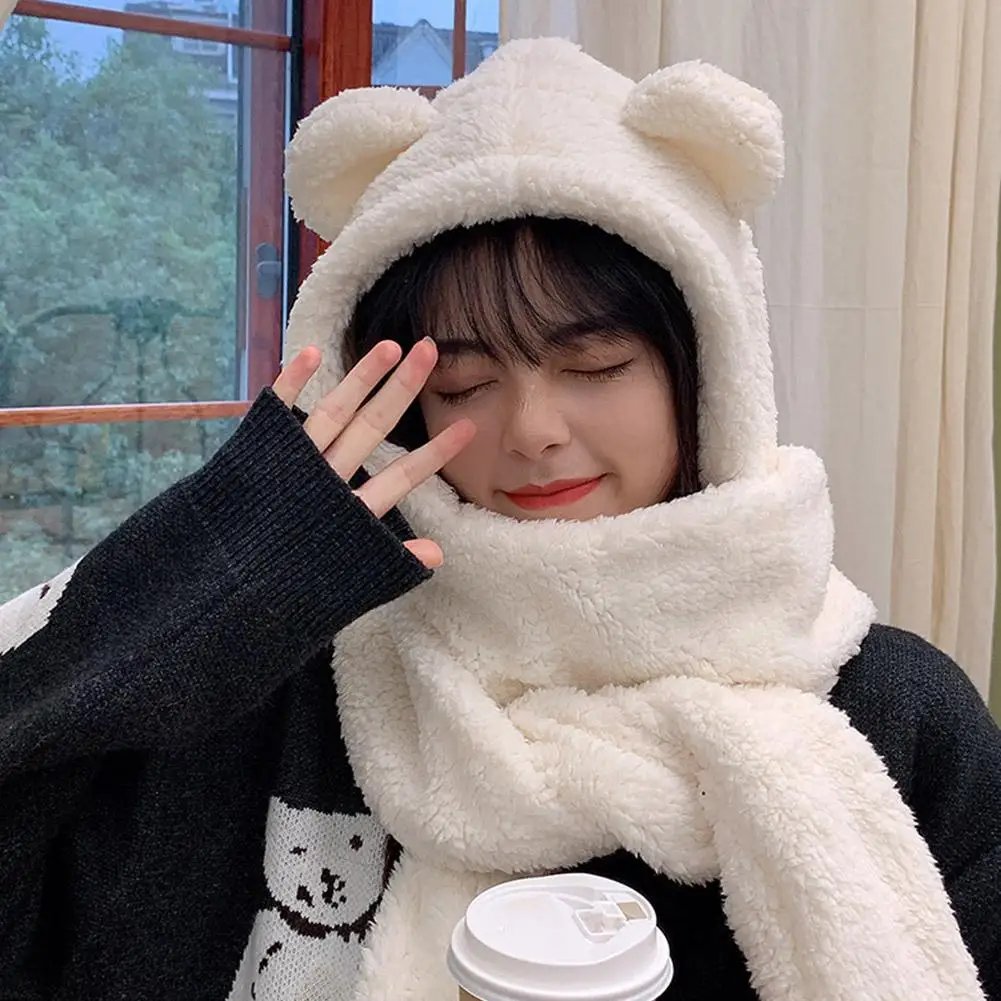 Winter Women Warm Beanies Caps Warm Bear Ear Hat Casual Plush Hat Scarf Set Casual Solid Women Caps Winter Women Warm Beanies Caps Warm Bear Ear Hat Casual Plush Hat Scarf Set Casual Solid Women Caps