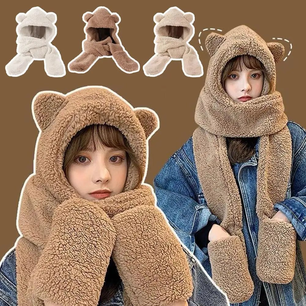 Winter Women Warm Beanies Caps Warm Bear Ear Hat Casual Plush Hat Scarf Set Casual Solid Women Caps Winter Women Warm Beanies Caps Warm Bear Ear Hat Casual Plush Hat Scarf Set Casual Solid Women Caps
