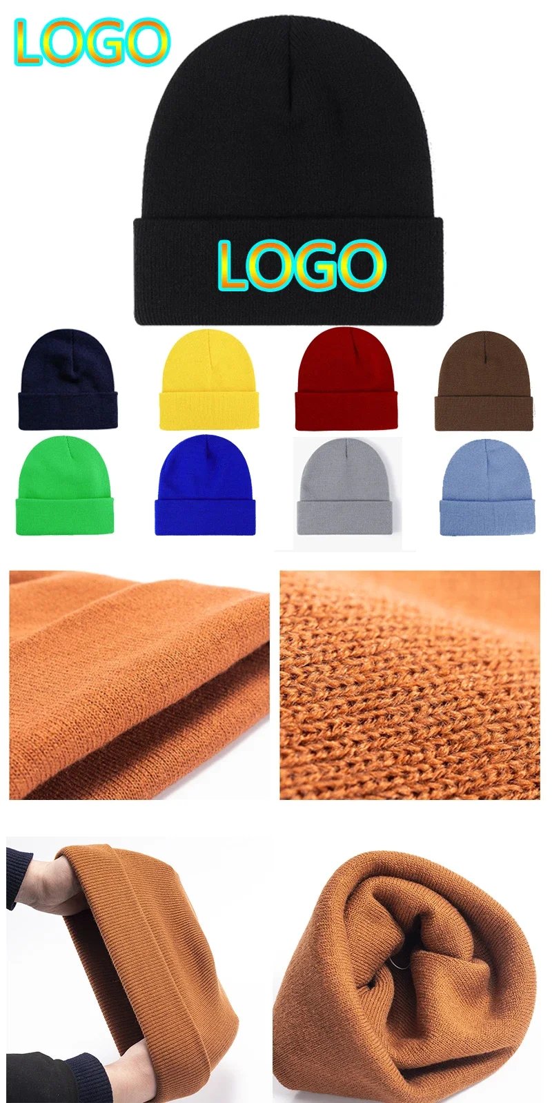 New Custom Logo Unisex Knitted Hat Outdoor Warm Men Solid Color Crimping Skullies Beanie Cap Hip Hop for Women Winter Ski Caps