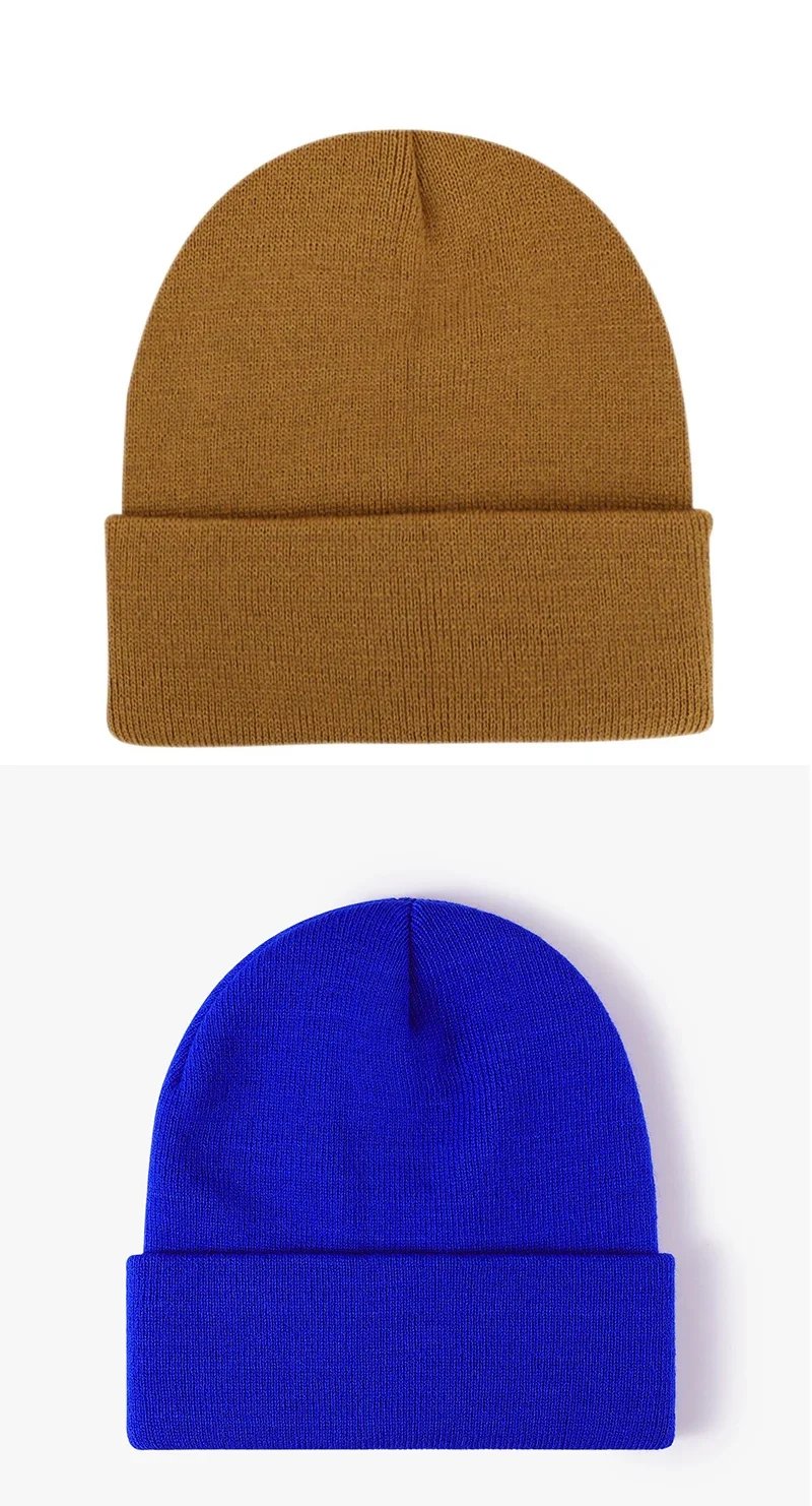 New Custom Logo Unisex Knitted Hat Outdoor Warm Men Solid Color Crimping Skullies Beanie Cap Hip Hop for Women Winter Ski Caps