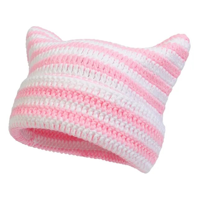 New Japanese Streetwear Harajuku Beanie Little Devil Striped Knitted Hat Women Girls Autumn Winter Cute Cat Ears Cap
