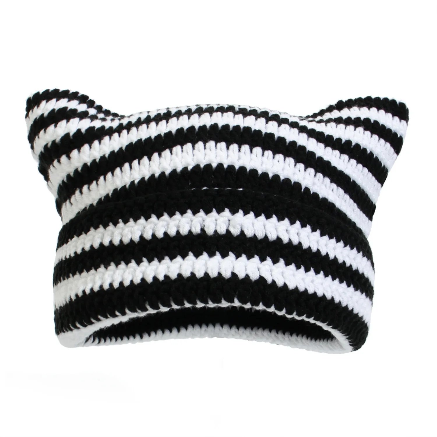 New Japanese Streetwear Harajuku Beanie Little Devil Striped Knitted Hat Women Girls Autumn Winter Cute Cat Ears Cap