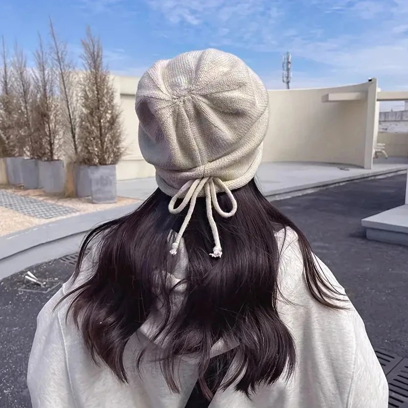 Autumn Winter Women Knitted Baggy Beanie Hat Drawstring Slouchy Wool Pullover Cap Outdoor Windproof Skullies Beanies Bonnet Caps