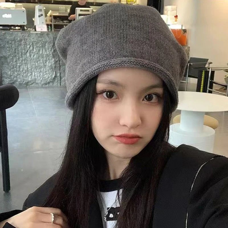 Autumn Winter Women Knitted Baggy Beanie Hat Drawstring Slouchy Wool Pullover Cap Outdoor Windproof Skullies Beanies Bonnet Caps