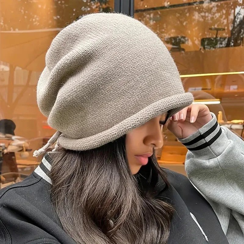 Autumn Winter Women Knitted Baggy Beanie Hat Drawstring Slouchy Wool Pullover Cap Outdoor Windproof Skullies Beanies Bonnet Caps