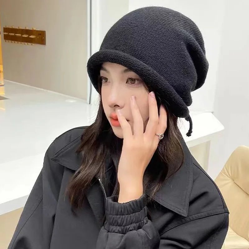 Autumn Winter Women Knitted Baggy Beanie Hat Drawstring Slouchy Wool Pullover Cap Outdoor Windproof Skullies Beanies Bonnet Caps