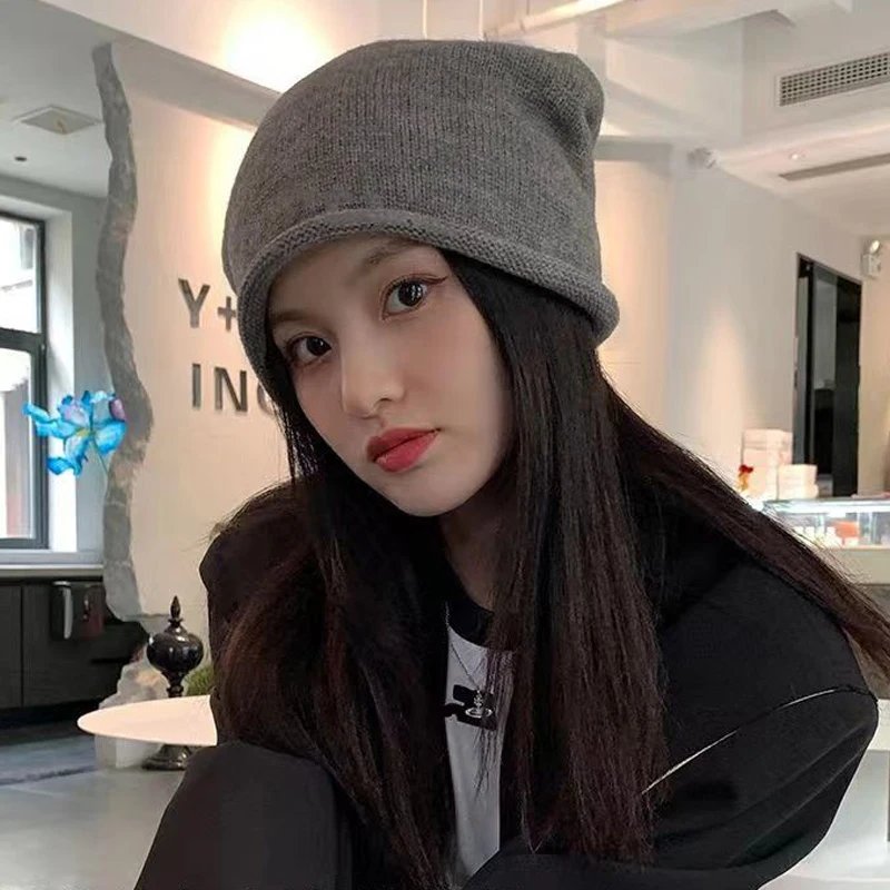 Autumn Winter Women Knitted Baggy Beanie Hat Drawstring Slouchy Wool Pullover Cap Outdoor Windproof Skullies Beanies Bonnet Caps