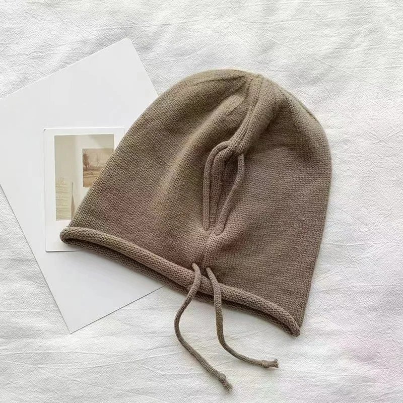 Autumn Winter Women Knitted Baggy Beanie Hat Drawstring Slouchy Wool Pullover Cap Outdoor Windproof Skullies Beanies Bonnet Caps
