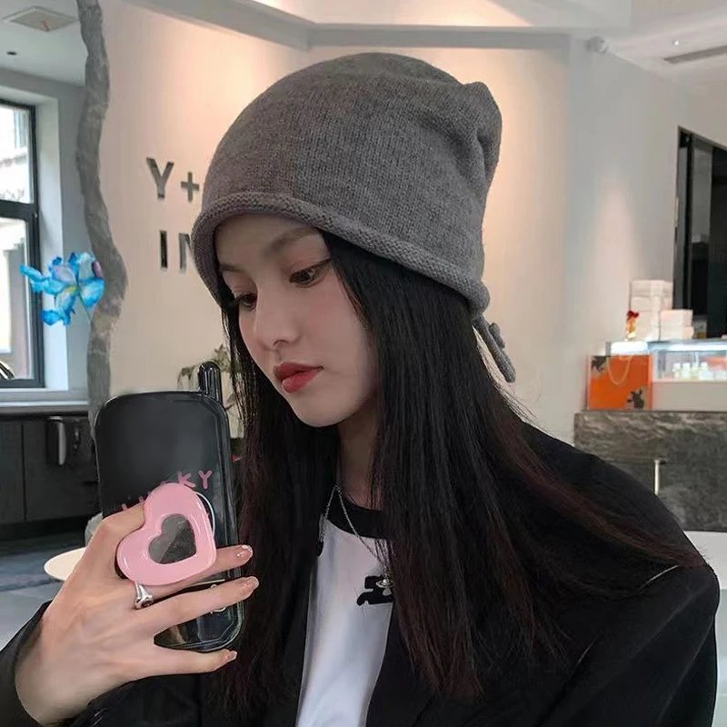 Autumn Winter Women Knitted Baggy Beanie Hat Drawstring Slouchy Wool Pullover Cap Outdoor Windproof Skullies Beanies Bonnet Caps