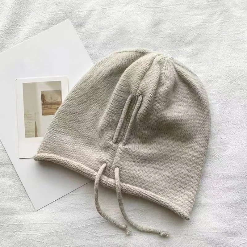 Autumn Winter Women Knitted Baggy Beanie Hat Drawstring Slouchy Wool Pullover Cap Outdoor Windproof Skullies Beanies Bonnet Caps