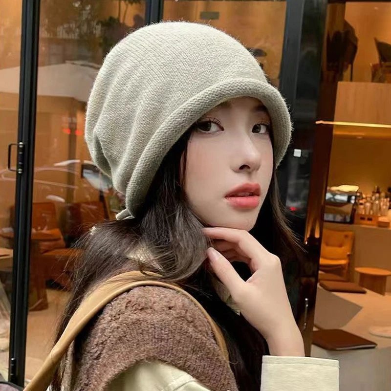 Autumn Winter Women Knitted Baggy Beanie Hat Drawstring Slouchy Wool Pullover Cap Outdoor Windproof Skullies Beanies Bonnet Caps