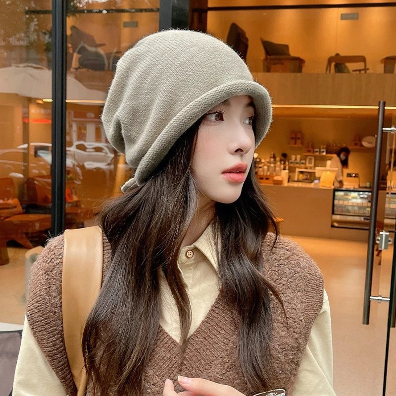 Autumn Winter Women Knitted Baggy Beanie Hat Drawstring Slouchy Wool Pullover Cap Outdoor Windproof Skullies Beanies Bonnet Caps