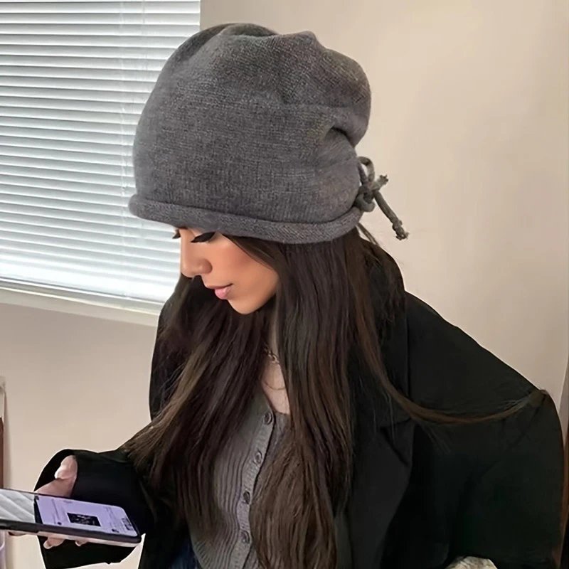Autumn Winter Women Knitted Baggy Beanie Hat Drawstring Slouchy Wool Pullover Cap Outdoor Windproof Skullies Beanies Bonnet Caps