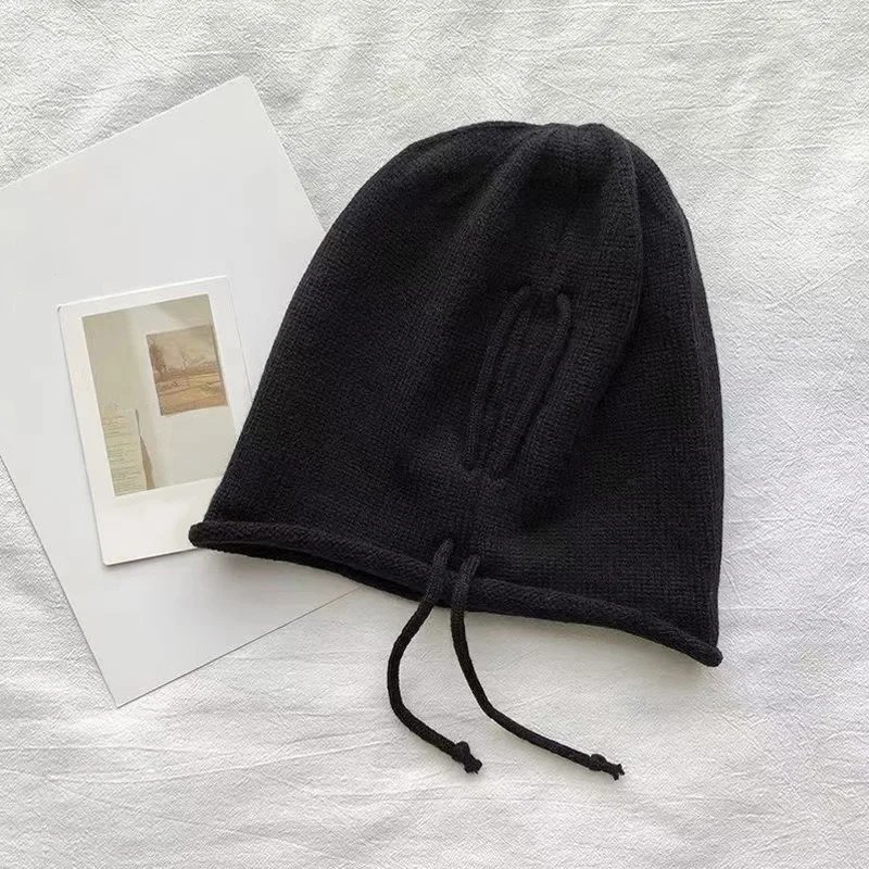 Autumn Winter Women Knitted Baggy Beanie Hat Drawstring Slouchy Wool Pullover Cap Outdoor Windproof Skullies Beanies Bonnet Caps