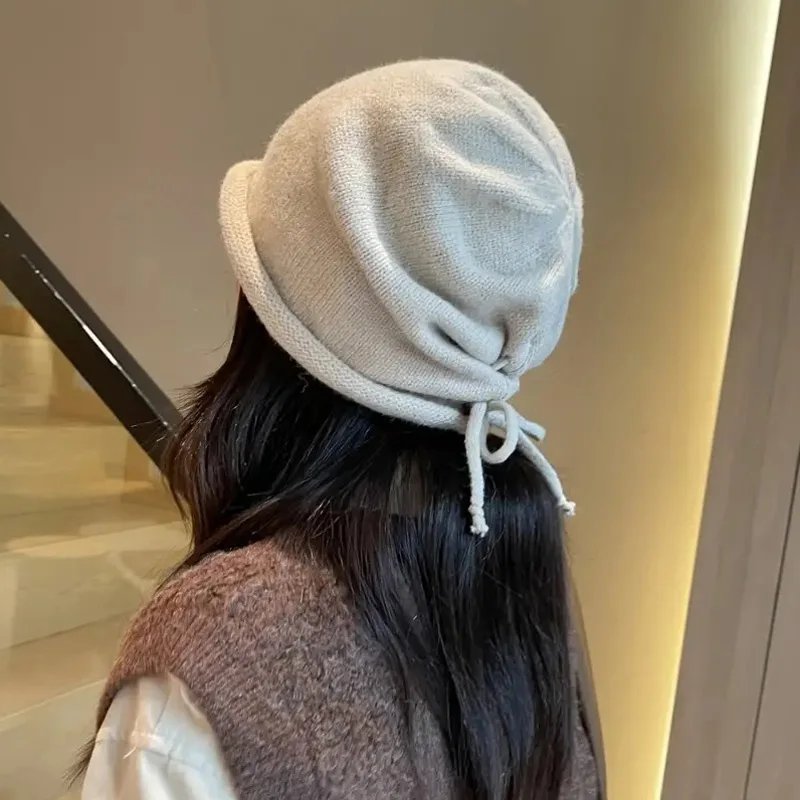 Autumn Winter Women Knitted Baggy Beanie Hat Drawstring Slouchy Wool Pullover Cap Outdoor Windproof Skullies Beanies Bonnet Caps